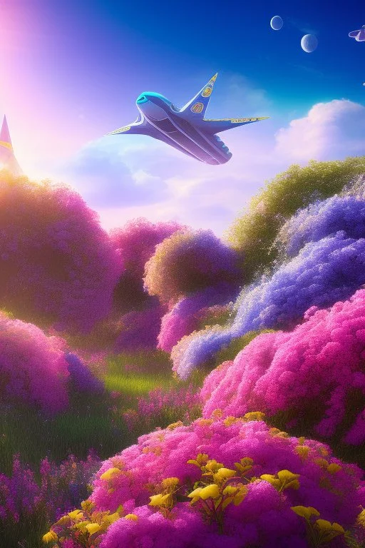 digital illustration, a world full of life divine thrill of biological tranquil sky, flowers, spaceship, , bright color splashes, high detailed 8 k