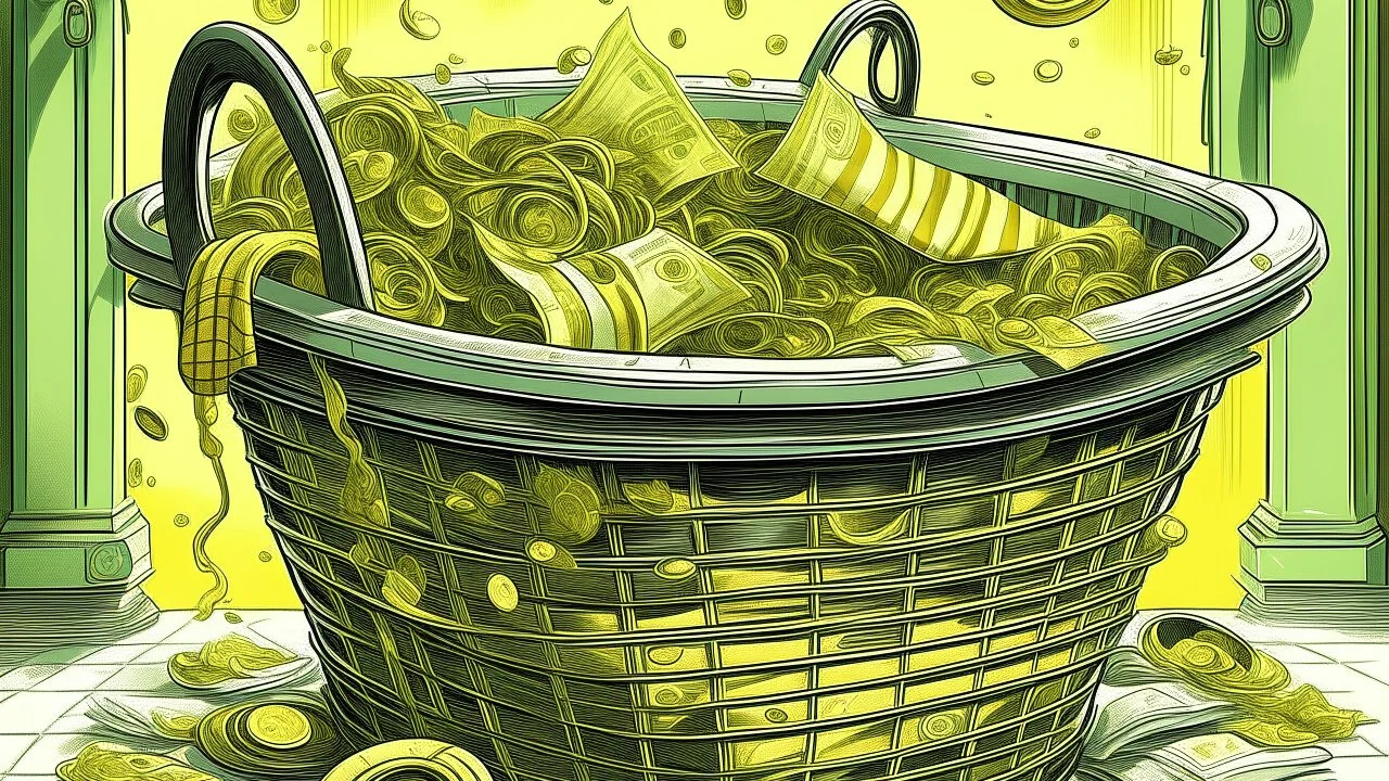 fantasy illustration: Gold and money in a laundry basket together with laundry