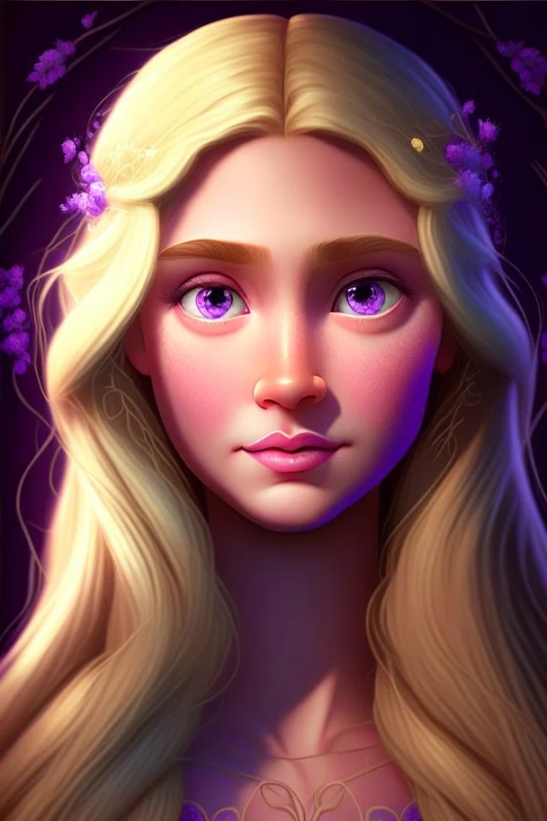 Princess Rapunzel with a very beautiful and symmetrical face, with a charming look, with lighting, with flowering hair and a luminous face