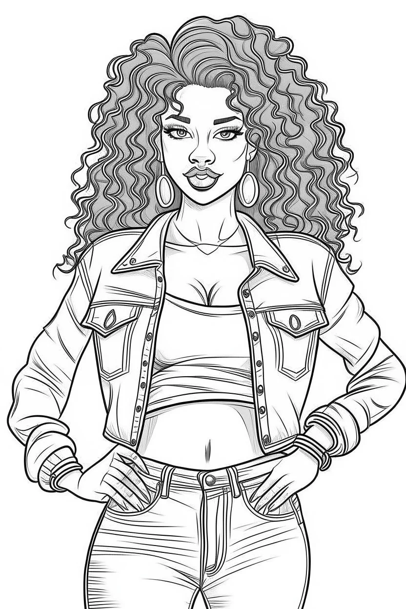 coloring page black curvy woman wearing jeans, eyes front camera