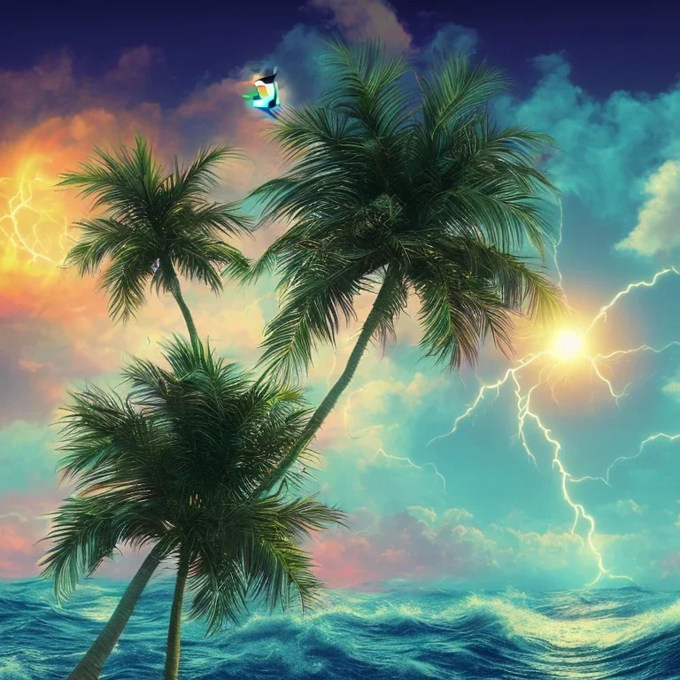 1980's vaporwave aesthetic palm trees with lightning with solar eclipse in the ocean waves sunset