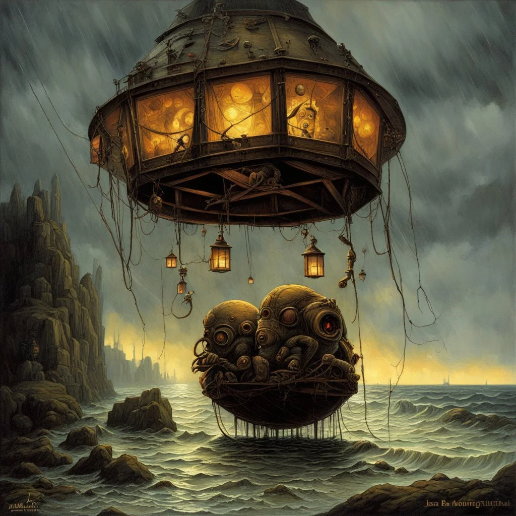 Surreal massive cyclops with an biomechanical oculus emitting strong beams of light agonizingly stumbling through the shoreline dragging large lanterns behind it, nighttime in a windy rainstorm, by Jean Baptiste Monge, by Dave Kendall, dramatic, kinetic, eerie dark primary colors, matte oil painting, intricate complex detail, horror art.