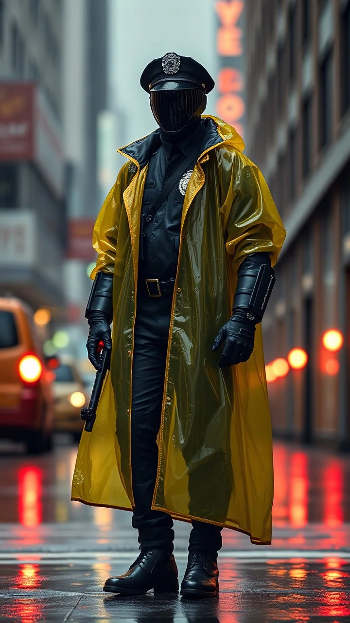 retro futurist, nypd full body color 1920 black policeman with external exoskeleton wtih heavy yellow rain transparent coat