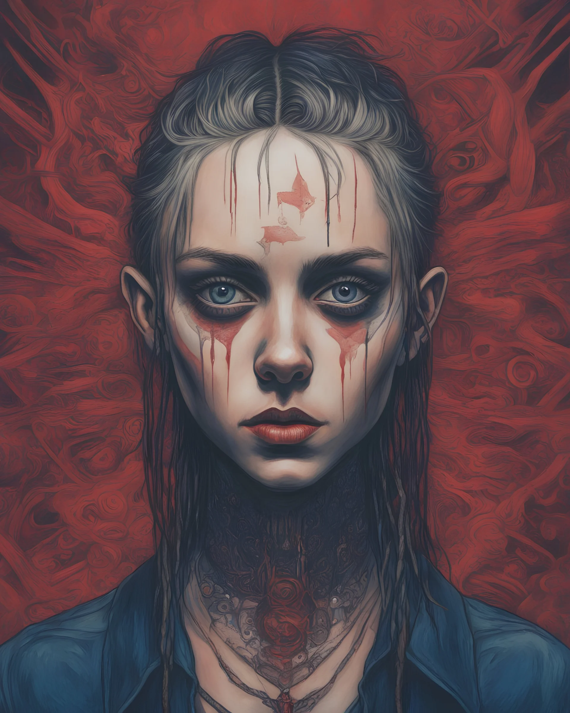 A portrait of a Singer Danish MØ face, cyberpunk, symmetry, hyperdetailed, painting by John Kenn Mortensen, darkblue and darkred tones,