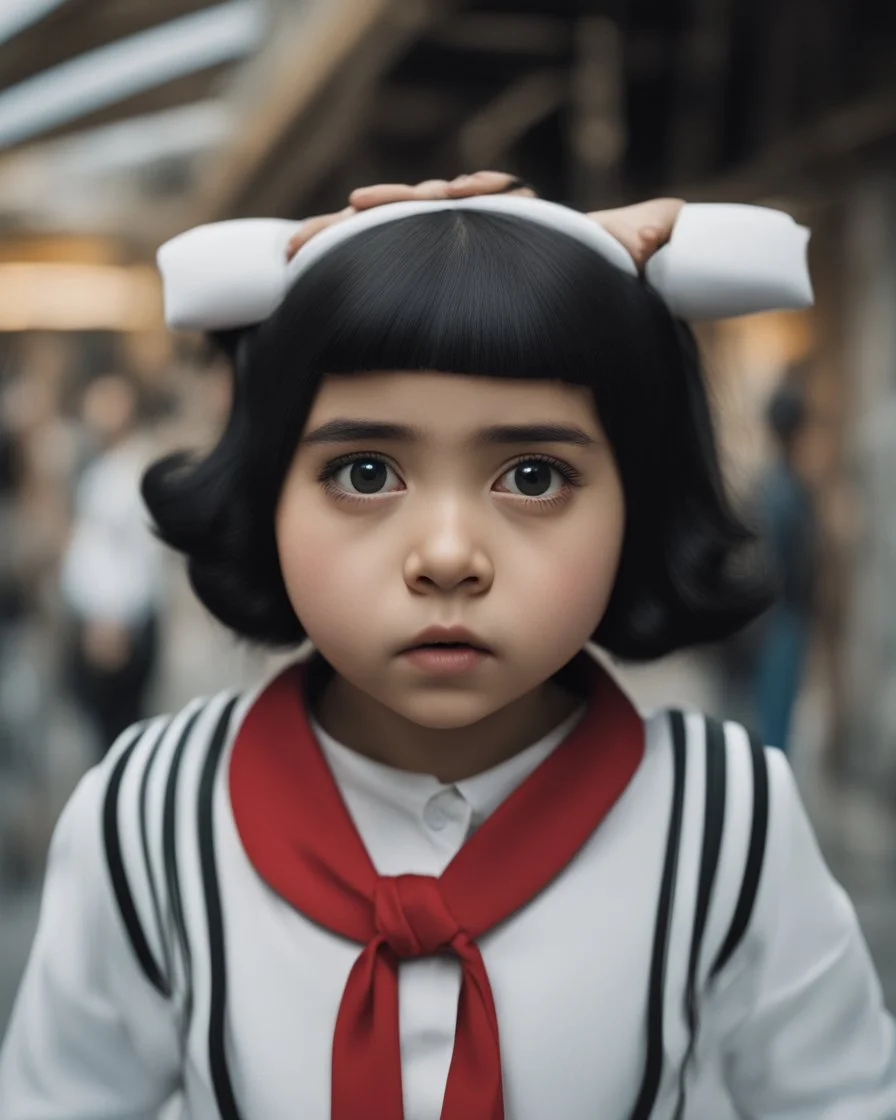 Fotografía hiperrealista de Mafalda en la vida real, con un lazo tipo corbatin en su cabeza