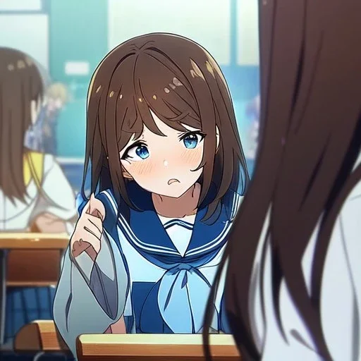 Clear focus, High resolution, Teenager, Adorable, Anime screencap, transformation, long flowy brown hair, blue eyes, wearing a sailor uniform, blushing and screaming, in the classroom