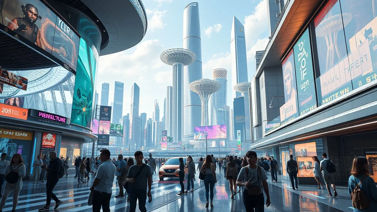 Here is a shortened prompt for an AI image generation of an "Imagination of 2080 year modern city center with some people and city escape at background": "A futuristic scene depicting the bustling heart of a 2080 city center. The foreground features a diverse array of photorealistic individuals engaged with innovative, tech-enhanced elements - holographic displays, autonomous transportation, immersive public art. In the background, a panoramic vista of the larger city skyline - towering organi