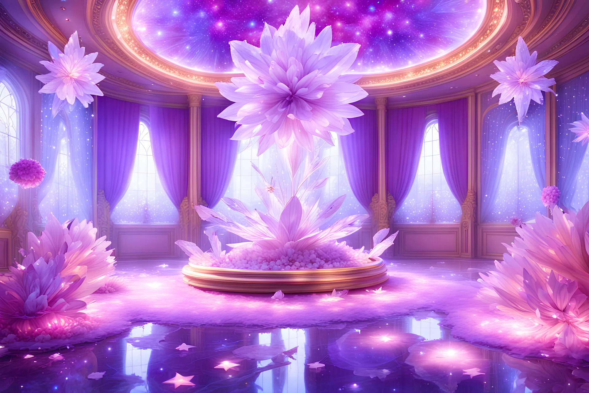 a beautiful crystal big fairy large rooms in the fantasy ambience cosmic, lights and beautiful crystal ametist, diamonds, glitter smalls and littles stars, white and glitter flowers, and stars in the fantasy cosmos,4k, ultra details, real image