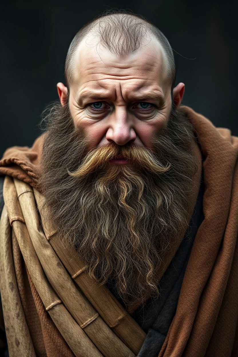 a very sad hurt swedish viking fat man with beard, he is covered all the body with bandage and are in deep pain, only the eyes, l