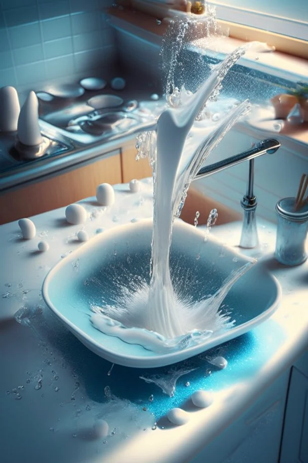 in focus, a jet of water flows into a spoon and splashes everywhere in a sink tray with plates of foamy water in the bottom in a modern kitchen in sunshine