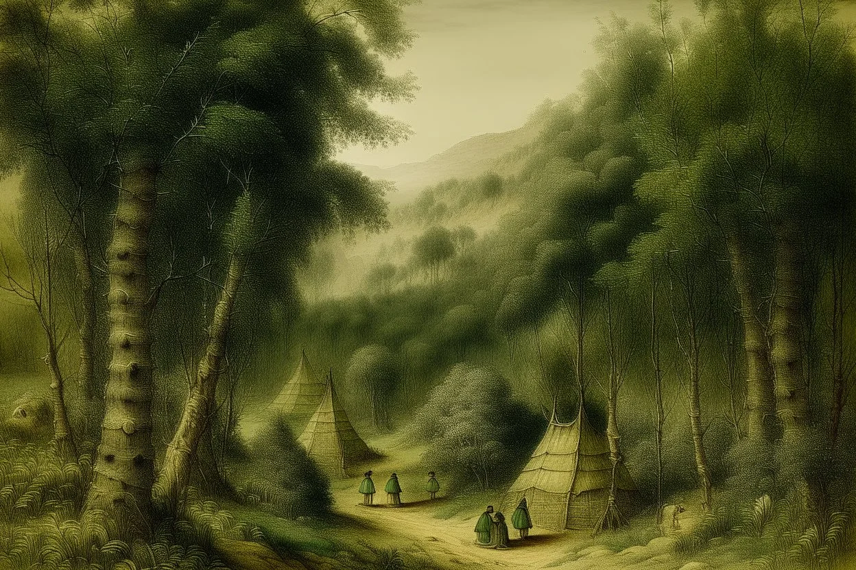 An olive green forest with tribal huts painted by Albrecht Durer