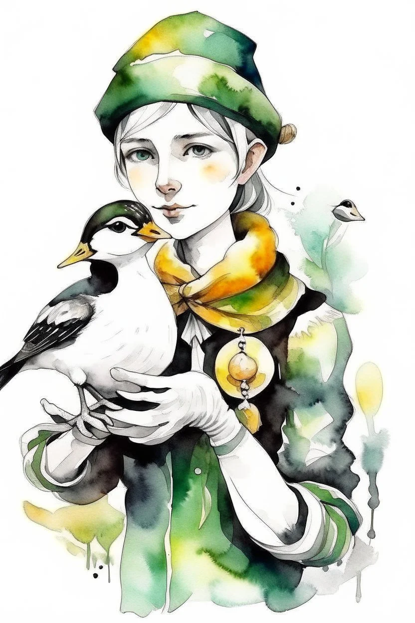 Watercolor black and white elf with a duck on the hands