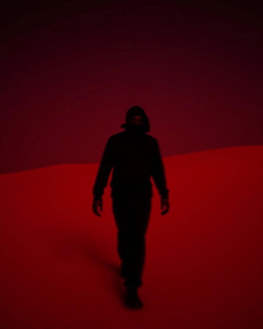 A grainy blurry photograph of the silhouette of man walking in an orange desert at night, he is wearing black and his head covered with cloth, grainy motion blur photo, dark red sky, he walks towards camera, close up shot, low angle, high contrast, night time, grain film, shot on Hasselblad medium format Kodak Portra 400D, by beksinski