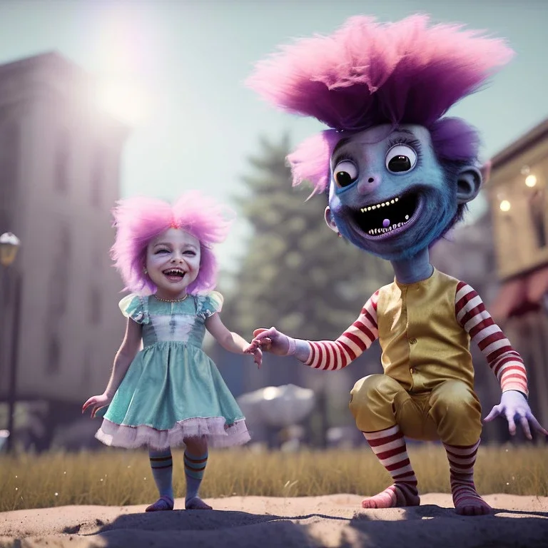 Ultra realistic circus scene. Sweet hair monster and Child’s playing, smile, happy, color bubbles, smooth color, waist up view, Wes Anderson style, dark ambient, highly detailed, concept art, unreal engine 5, god rays, ray tracing, RTX, lumen lighting, ultra detail, volumetric lighting, 3d, finely drawn, high definition, high resolution.