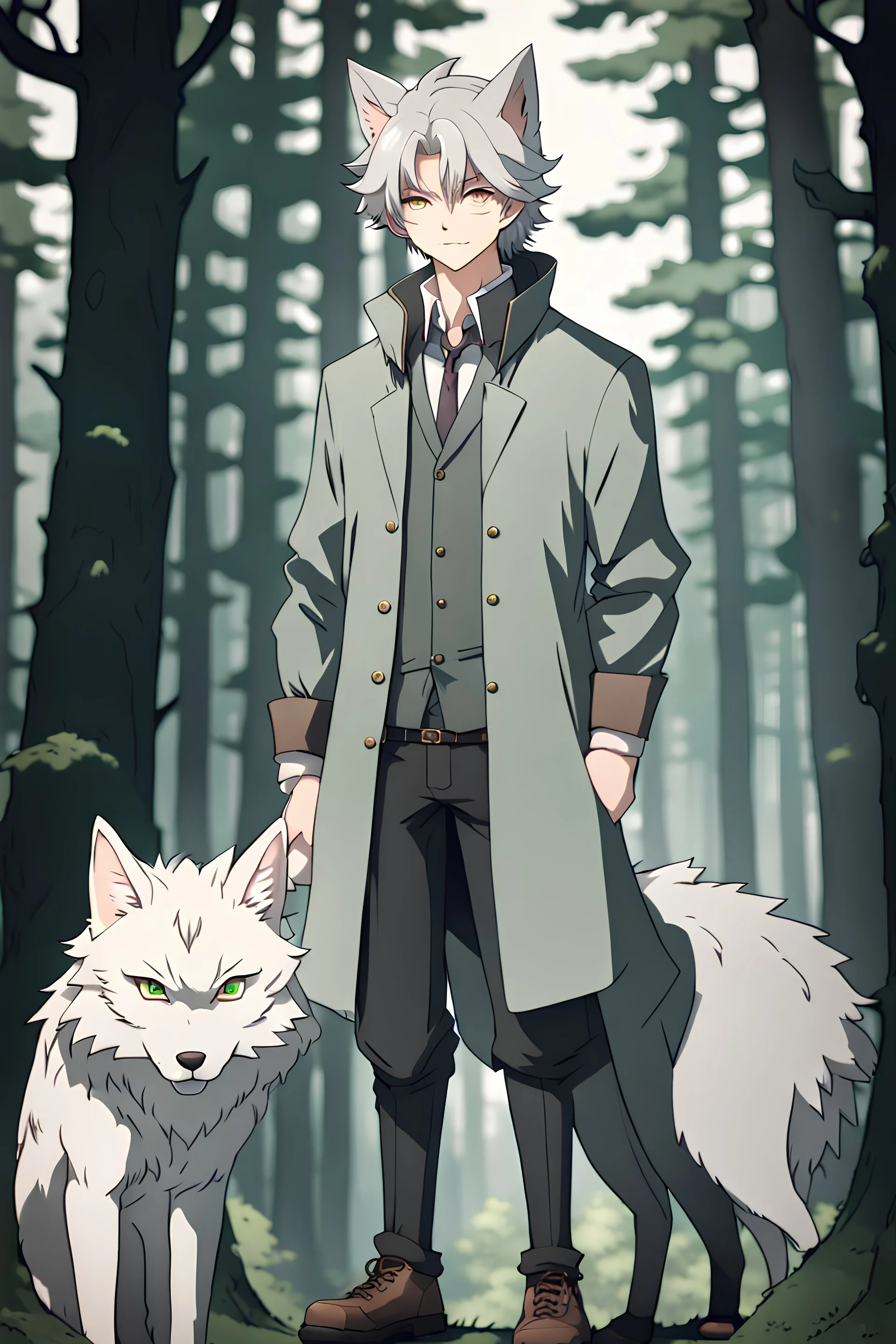 The handsome and perfect full body is on the spruce land, anime, a casual, gray-haired and pale green-eyed male character with wolf ears and a feline tail in the forest, 8K resolution, high quality, ultra graphics, and detailed with lines.