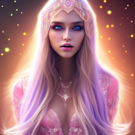 beautiful, soft, smiling face, whole head, long straight blonde hair blues eyes, crown on the head, clothing in transparent bluish and pink veil, background brillante bluish and pink, hight definition, 8K