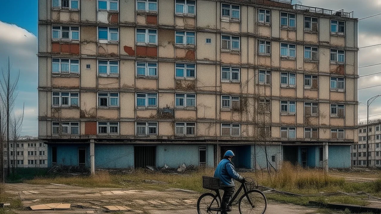 a woman on a bicycle in front of a building, in the post-apocalypse city, soviet city, socialist realism