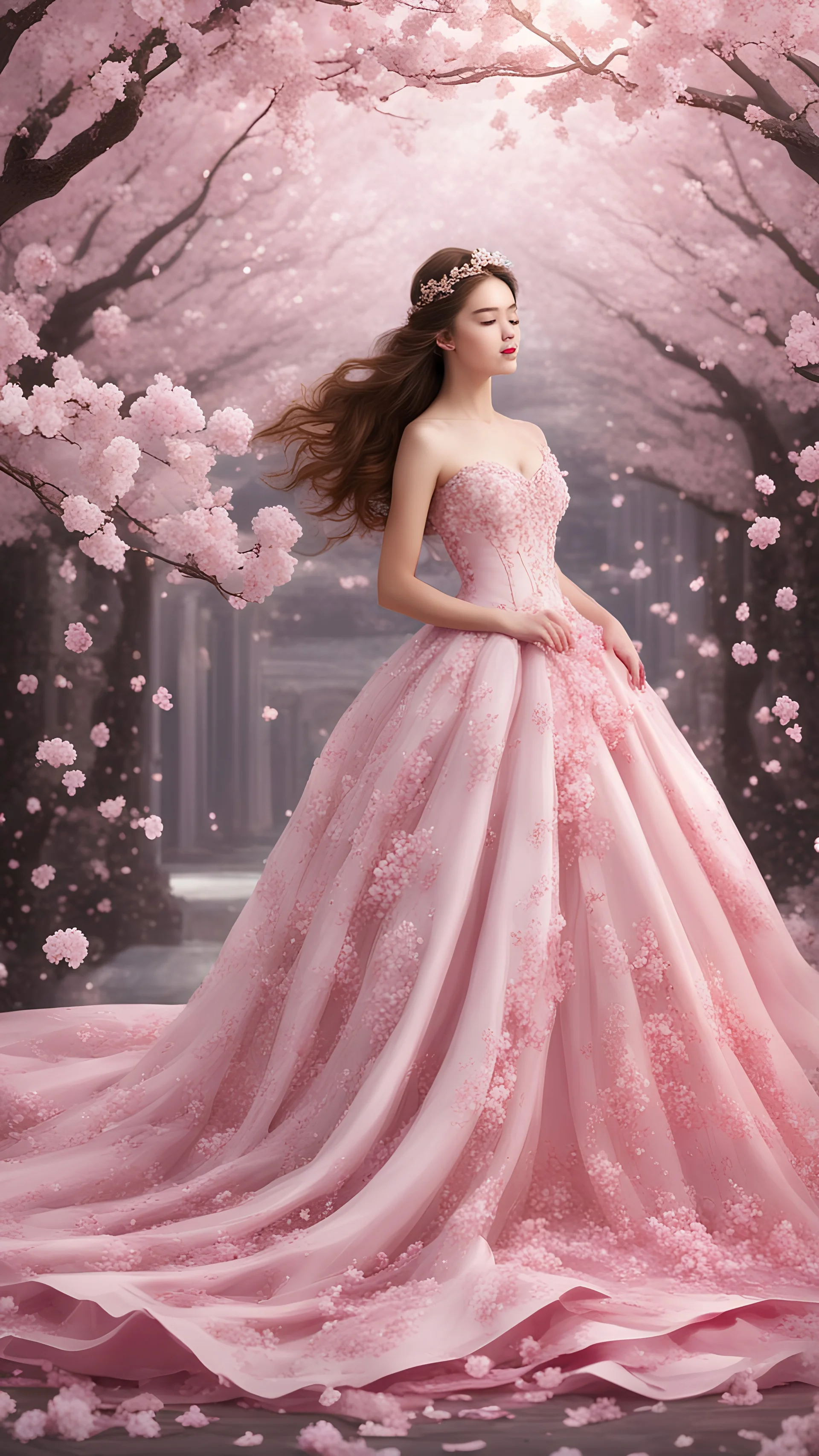 a princess adorned in a gown inspired by cherry blossoms, surrounded by falling petals. Emphasize the delicate details of the blossoms and the regal beauty of the princess in this serene and visually stunning scene