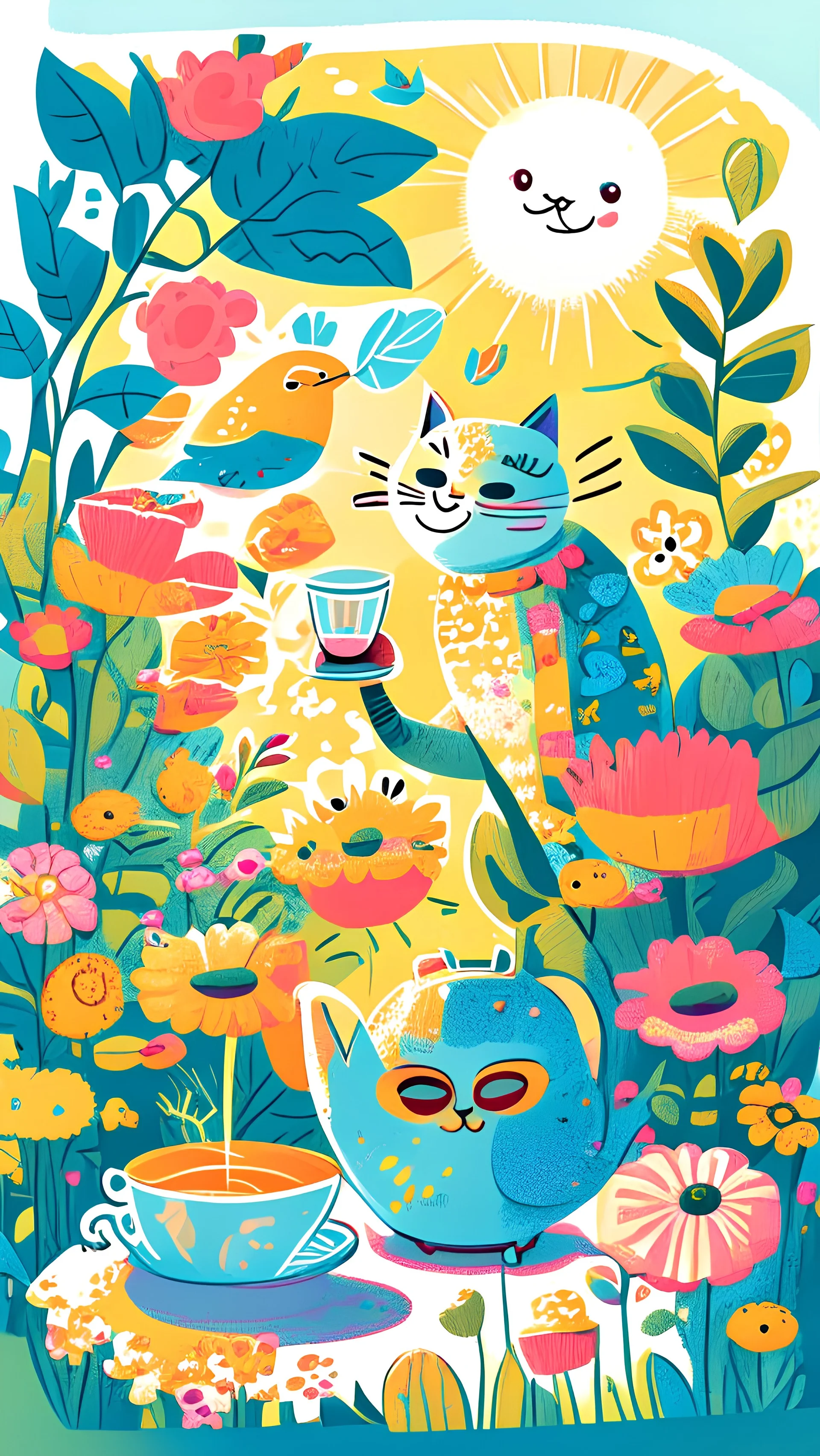 Children book style Boho cat in flowers garden having tea with funny bird in sunlight seamless