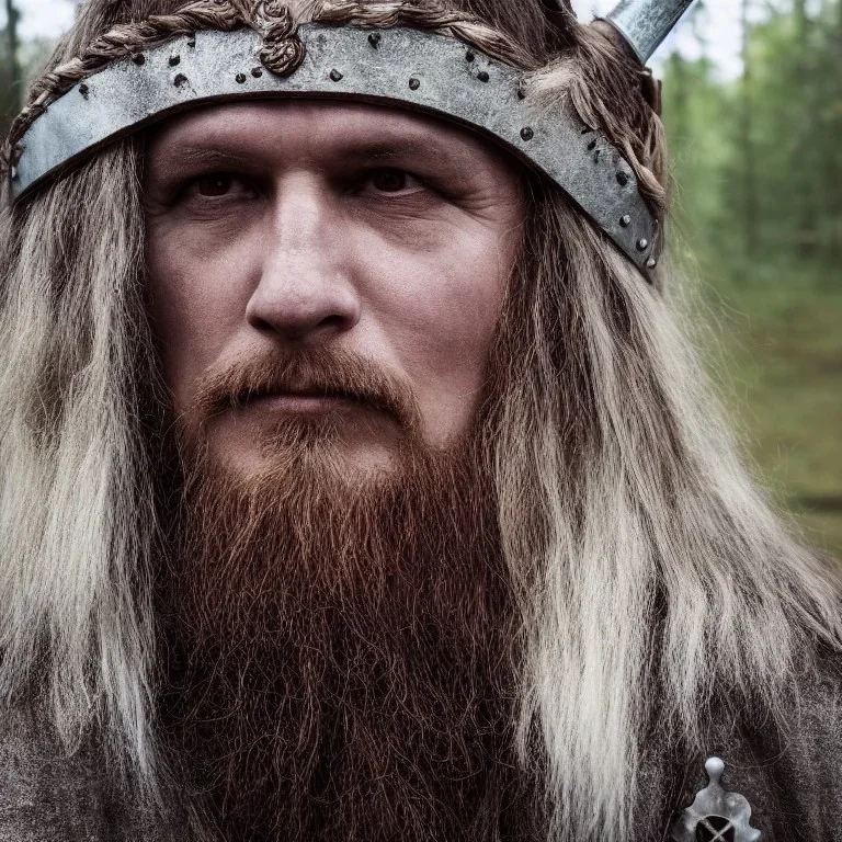 Finnish head portrait, viking age warrior costume, village, meditation, woods, galaxy sky, 8k quality