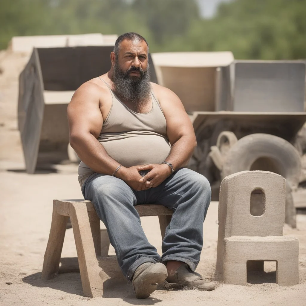 photography of a arab ugly burly serious wet sweaty, muscular chubby strong fat carpenter, shirtless, in broken dirty short pants, bulge, manly chest, very hairy, big goatee 46 years old, short hair, sitting with open legs on a little chair , on a construction site in the middle of a road, under the August sun, emotional eyes, , hyper-realistic, photorealistic , frontal view from the ground