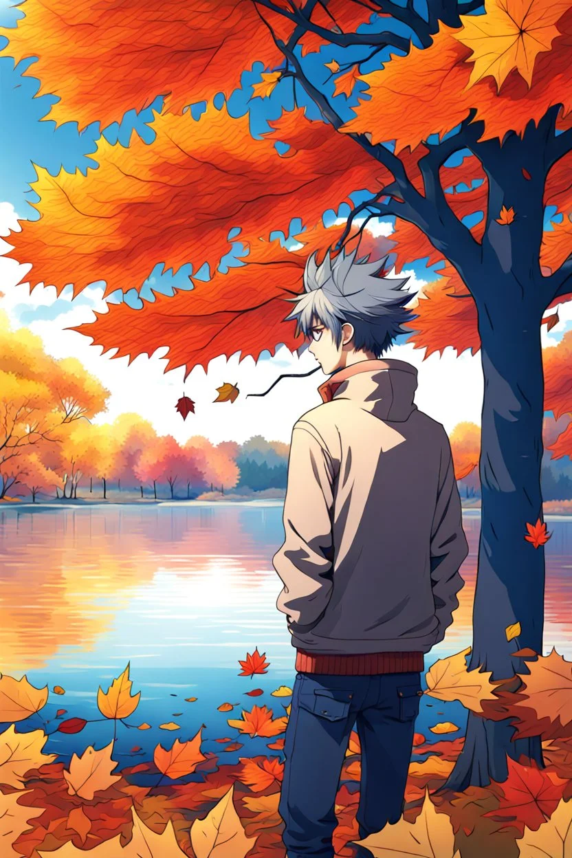 SL photography, anime male person in autumn, fall season, leaves near the lake and the tree, ink style, and bright colors, 8K resolution, high quality, ultra graphics, and detailed with lines.