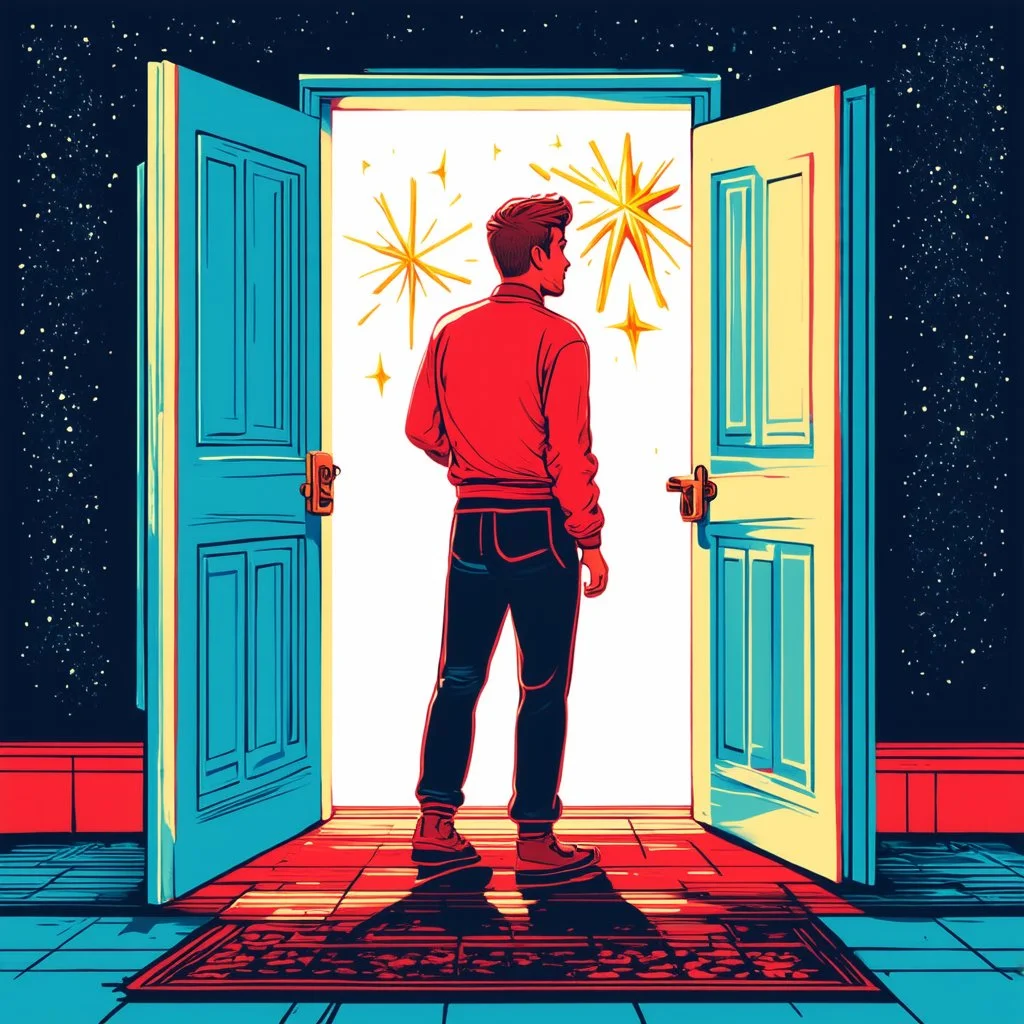 Man standing in front of an open door leading to the stars, symbolizing hope and new beginnings. The artwork features a red color scheme, simple illustration, vector art style, flat design and a bright, colorful 2D background. This professional illustration is in the style of Mandy Disher, with soft gradients and soft colors, and is high resolution.