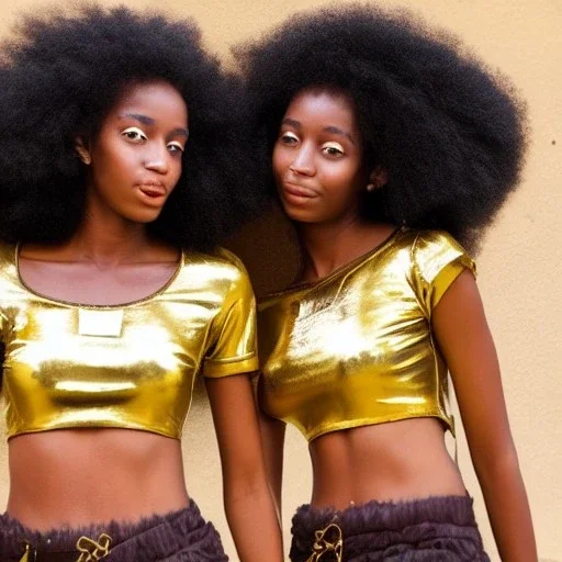 Female Twins, black skin, tall and slender, long afro kinky hair,big brown eyes, warrior wear. Gold accents on clothing. Surround by trees