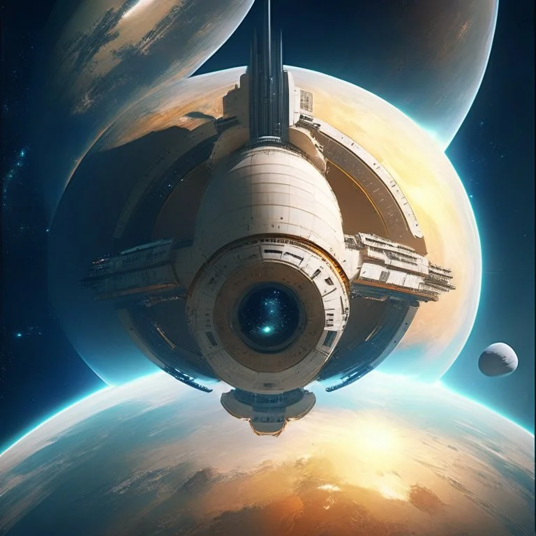 large cylindrical Spacestation above a planet with spaceship docking