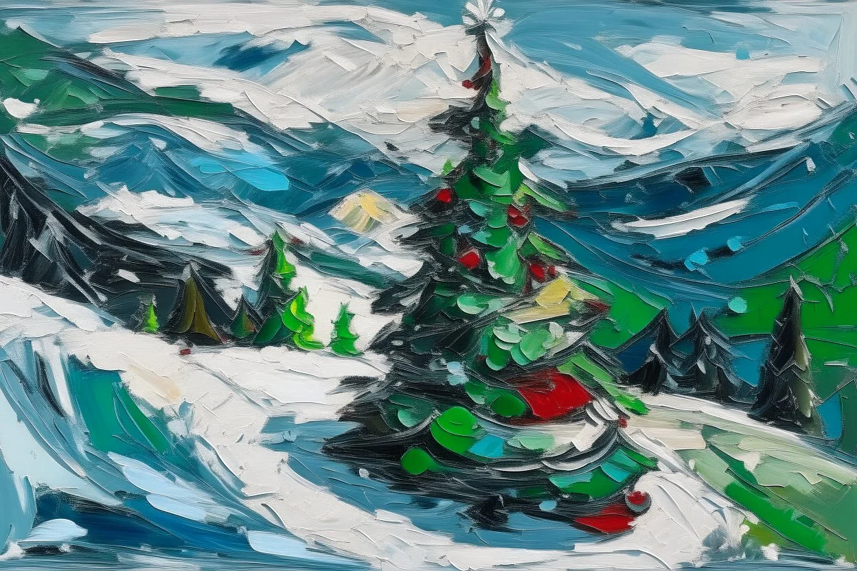Christmas tree on a snow covered mountainside in the style of Frank Auerbach
