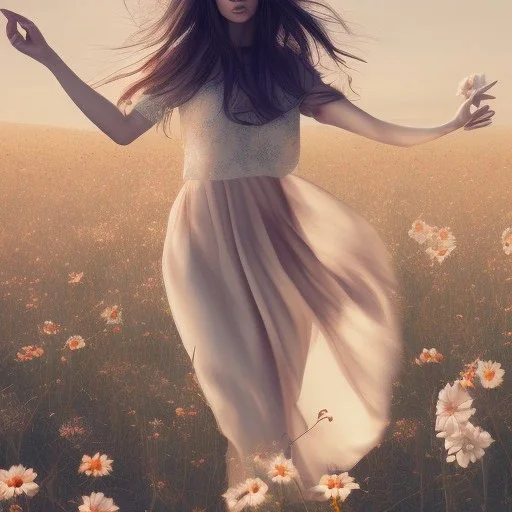 Woman, barefoot, flower field, dancing, windy, plain dress, beautiful face, long brown hair