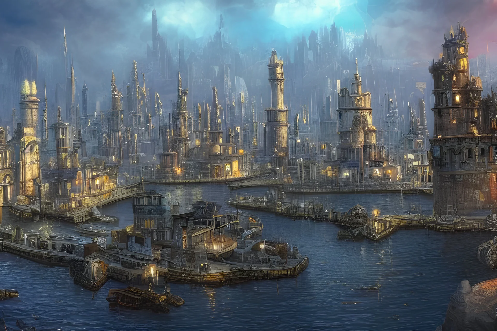 Harbour Gothic city hyper detailed, fe,fantasy art