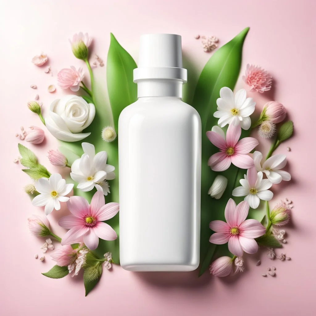 white bottle for cosmetics, beautiful spring background in the background, highly detailed picture, top view