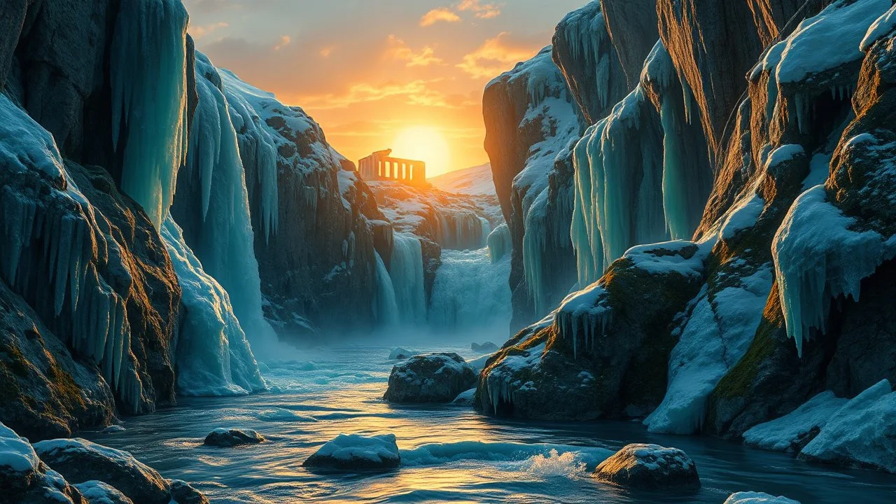 Theme: An ancient and mystical arctic landscape. Details: Colors: Cool hues of icy blue and deep teal, contrasted with the warm golden tones of the setting sun. Textures: Jagged ice formations and smooth flowing water, glistening under the sunlight. Mood: Serene yet haunting, evoking a sense of wonder and nostalgia. Elements: Ruined waterfalls cascading down ancient, weathered cliffs covered in moss and snow, intertwined with sparkling icicles. Faint outlines of ancient ruins can be seen peekin