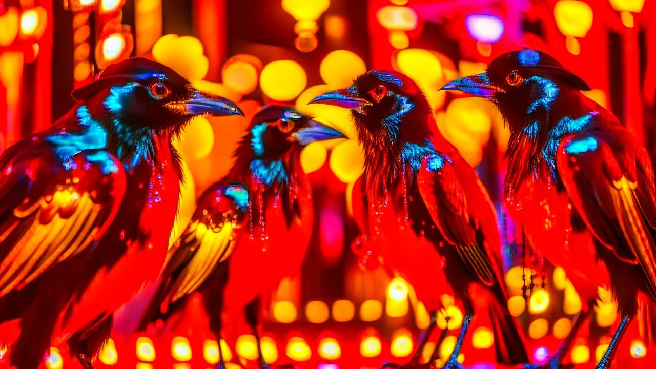 Capture an engaging image featuring a family of five crows, each adorned with rapper-style golden necklaces, amidst the vibrant glow of red and yellow Christmas lights. Embrace a photography style that seamlessly merges punk aesthetics with a festive ambiance. Ensure the composition reflects the unique blend of edginess and holiday spirit, creating a visually captivating scene that highlights the crows' individuality against the backdrop of vivid Christmas lights.