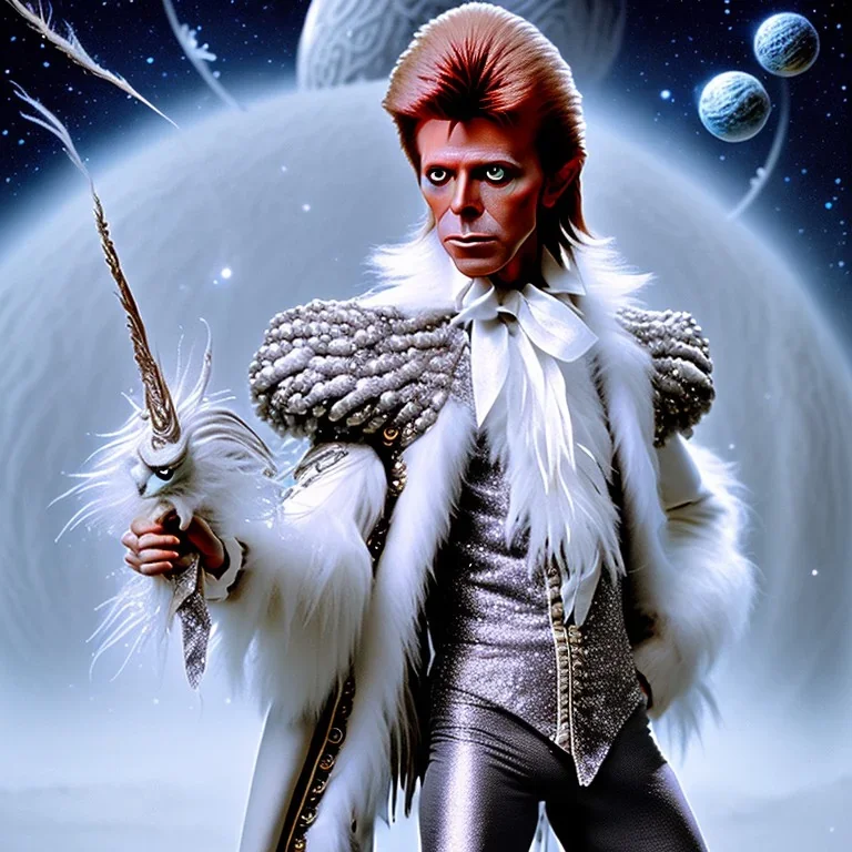 David bowie full body, white snow owl feathery fancy 1700's time period clothes, Jim Henson's The Labyrinth, Jareth the goblin king, crystal balls in hand, wearing spandex grey leggings, huge crotch bulge, labyrinth illusion, floating broken stairs in background, floating broken earth in background, anatomically correct, 8k hyper realistic, 80s aesthetics,