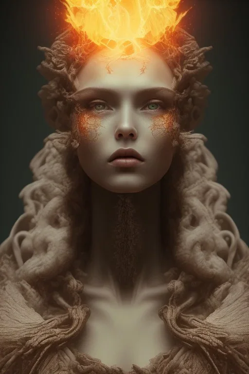 portrait photography of an ethereal beautiful animal goddess, Fire theme art, Dark moody night atmosphere, Portrait of a woman by Michelangelo, 8K, close-up face, anatomically perfect face, oak tree roots, ignore NSFW