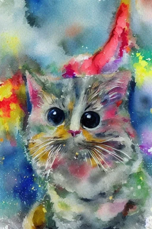 watercolor painting, happy cat, bright color,