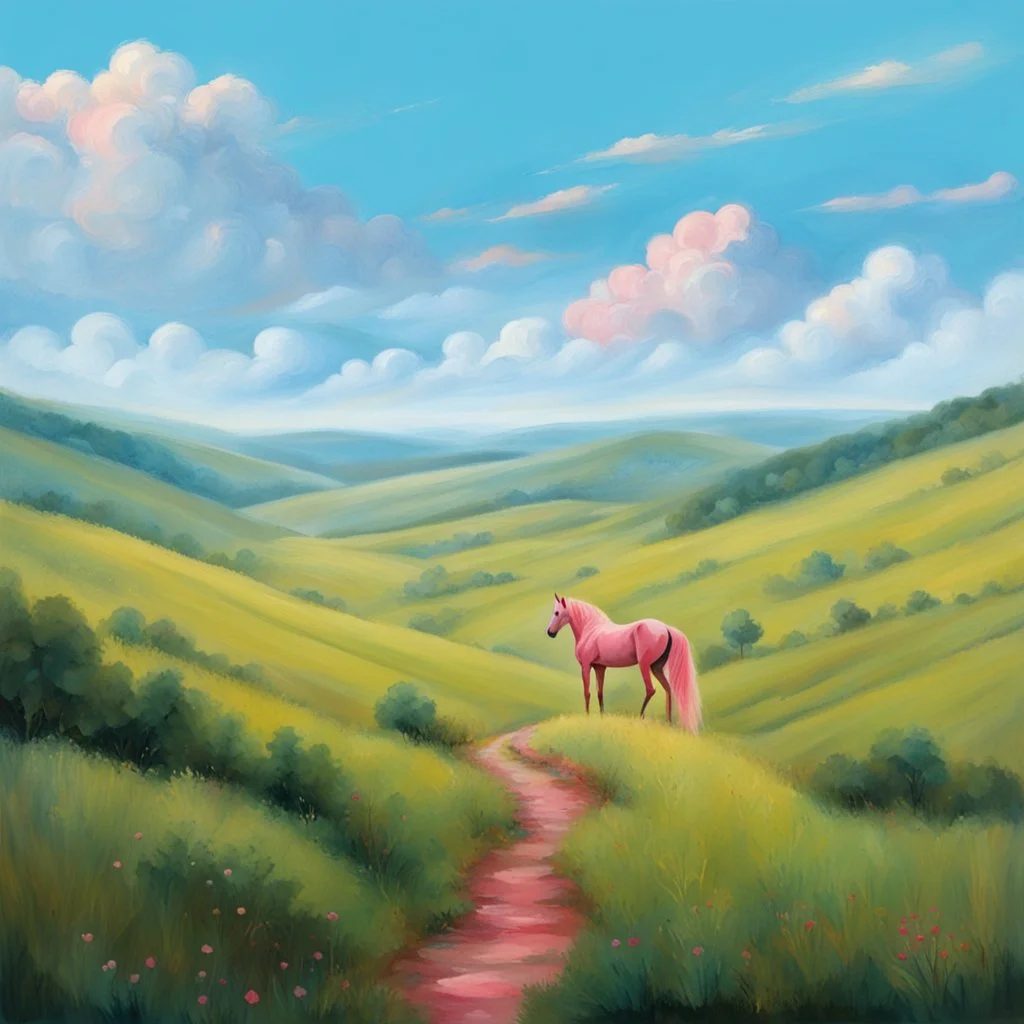 a pink horse in hills like a 19th painting