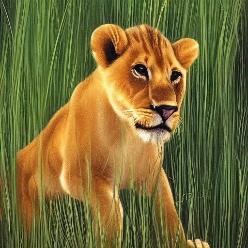 Picaso style painting of a lion cub in tall grass