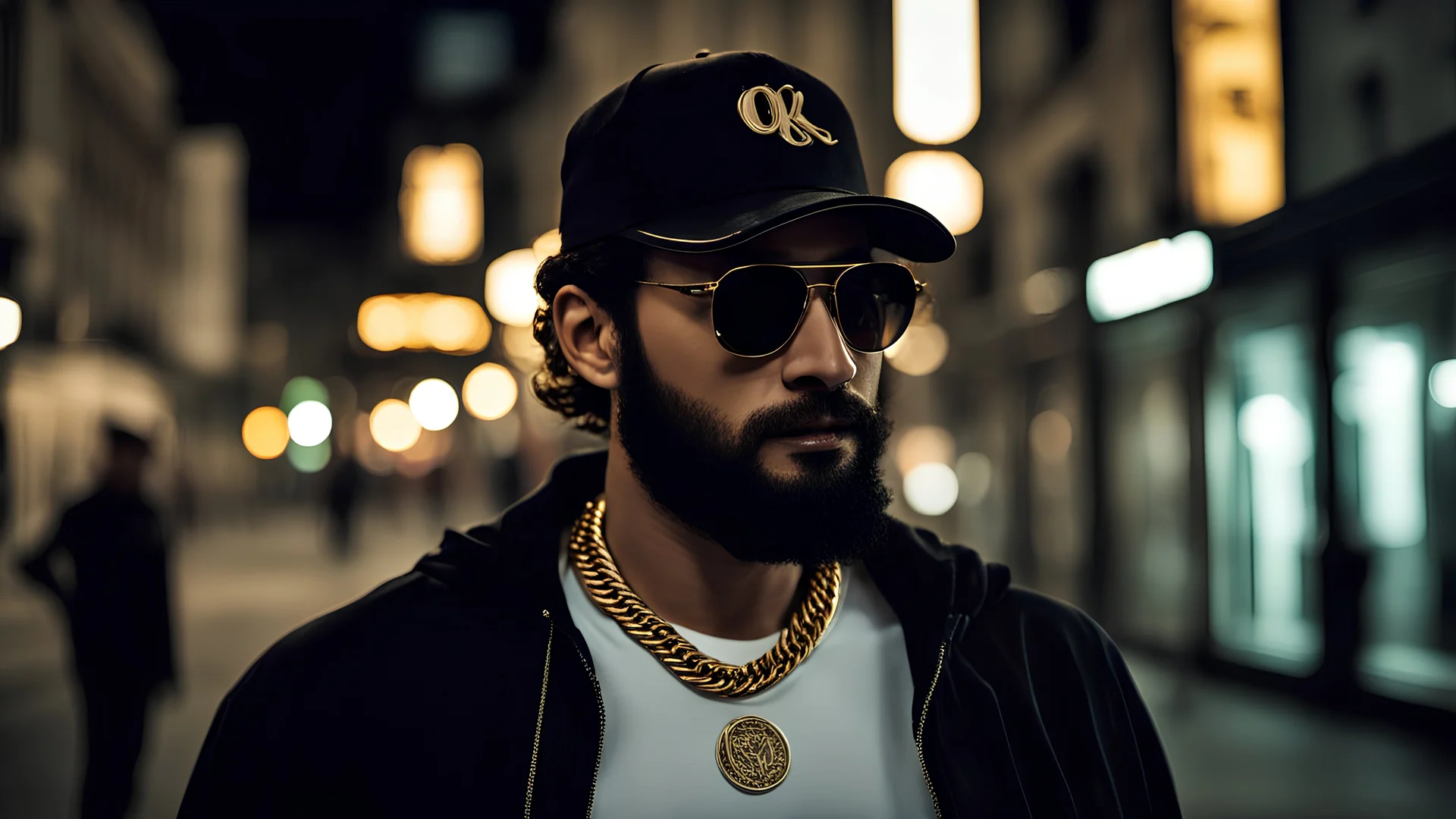 a single man, an Arab from the Middle East, he has a beard, who wears a gold chain, with a t-shirt marked ODK, wears a black baseball jacket with the mark ODK, which bears black sunglasses, with a black baseball cap with the initials branded ODK. at night, in the city center, at night.