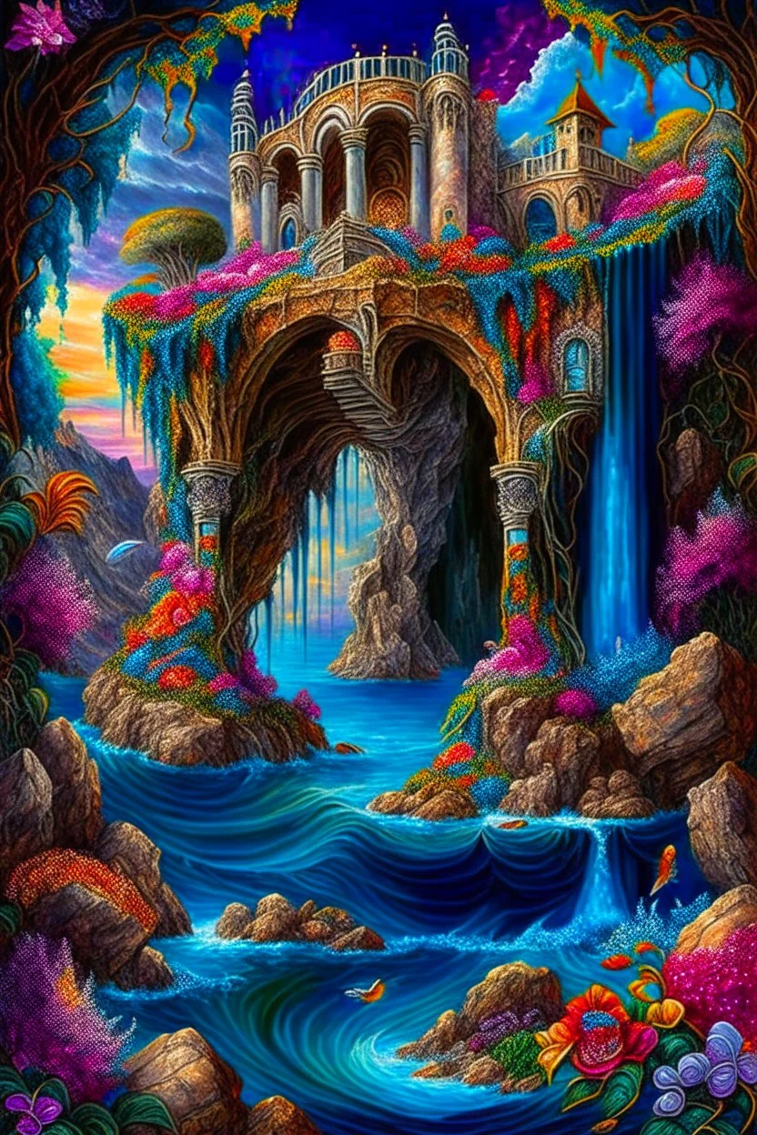 . Rose fruit trees, imaginative landscapes and sophisticated cities. Waterfalls. And an underwater lake with ornamental fish, coral and precious stones. The sky is decorated with stars perfect anatomy, fantasy, vibrant digital art professional award winning masterpiece, oil on canvas Atmospheric extremely detailed Josephine Wall