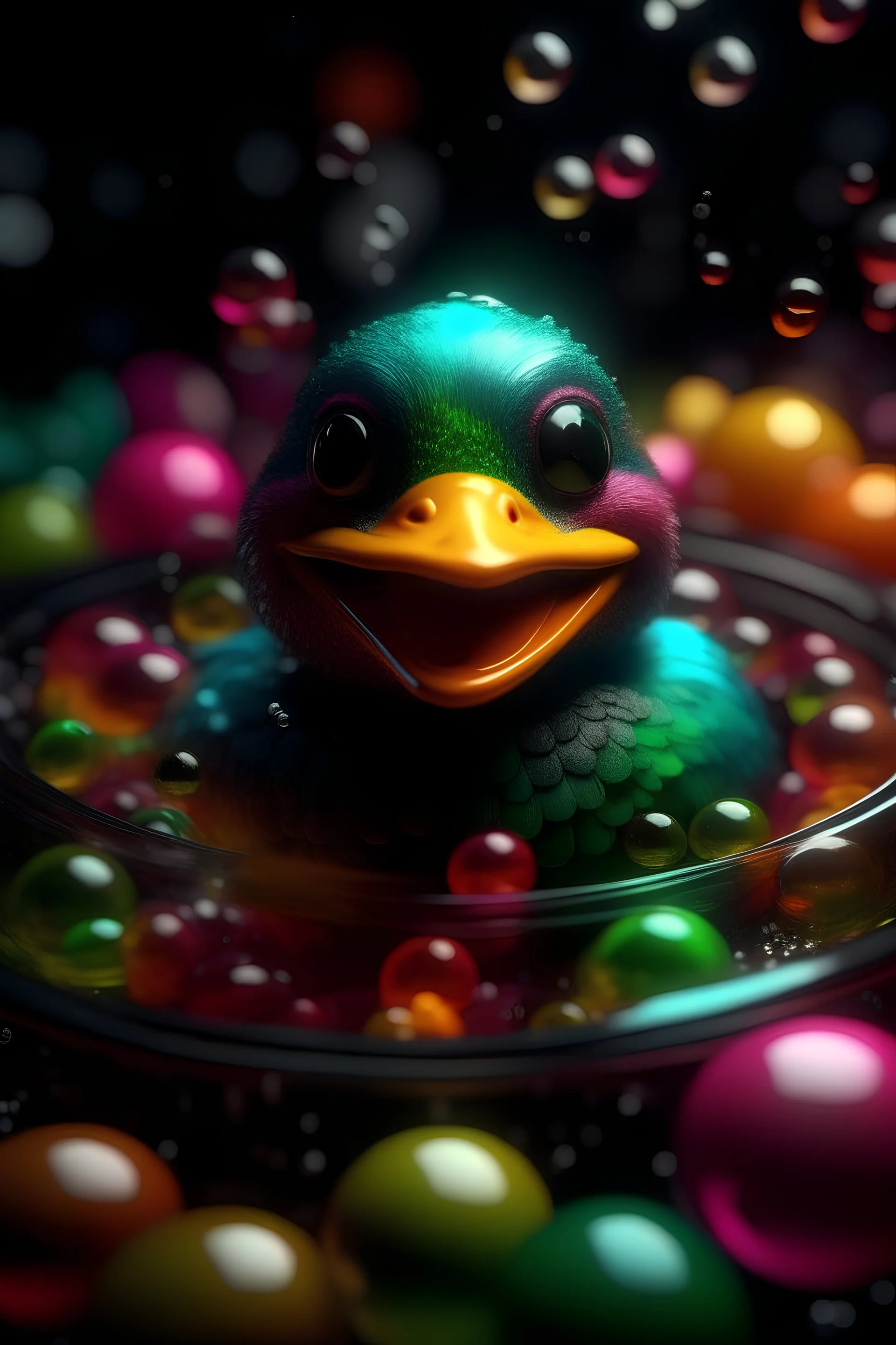 portrait of duck gorilla with a wicked smile inside a pile of transparent jelly bubbles of weird colors with insect aliens inside, disco egg made of small mirror, light rayz, feast table ,shot on Hasselblad h6d-400c, zeiss prime lens, bokeh like f/0.8, tilt-shift lens 8k, high detail, smooth render, down-light, unreal engine, prize winning