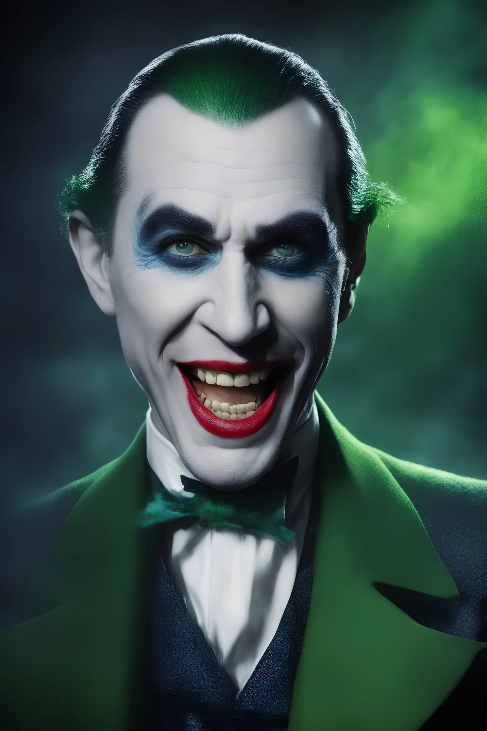 Bela Lugosi as Count Dracula the Joker, laughing maniacally, green hair - Blue eyes - full color - 32k, UHD, 1080p, 8 x 10, glossy professional quality digital photograph - dark foggy gradated background, historic, powerful, octane rendering, exquisite detail, 30 - megapixel, 4k, 85 - mm - lens, sharp - focus, intricately - detailed, long exposure time, f8, ISO 100, shutter - speed 1125, diffuse - back - lighting, ((skin details, high detailed skin texture)),