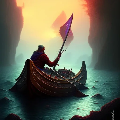 Charon in his boat on the river Styx, red black purple colours, 8k, high definition, fantasy art, winding river, sharp jagged rocks, high contrast colours, sharp colours