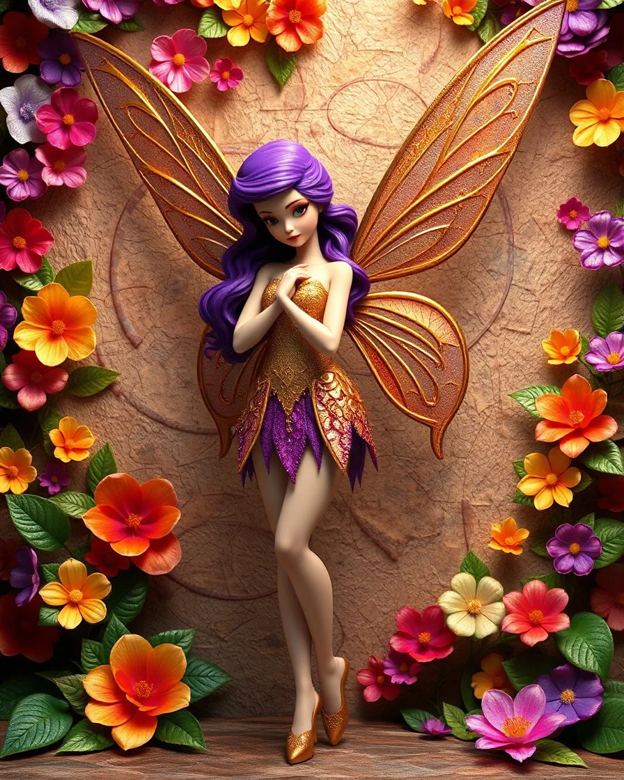 surreal blending 3d picture in Luxurious 3d outside fractals sharp colors,vibrant colorfull,standing pose sweet pose a Tinkerbell fairy wings queen hair purple, golden shiny adorned,in fractals 3d outside ,fractals colorfull fully of flowers and leaves wall background