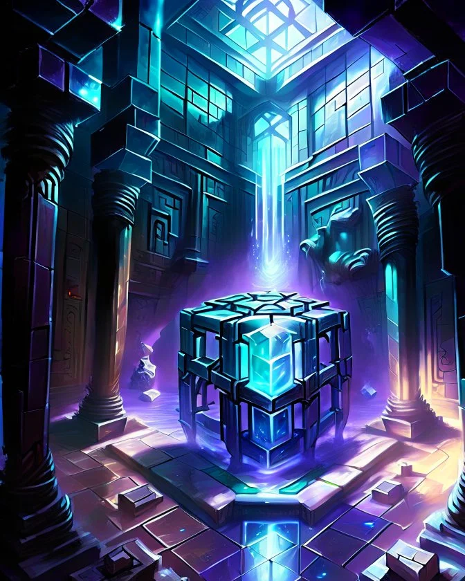 Atlantis palace dungeon room dungeon with a chrome cube floating over it painterly sci fi fantasy art