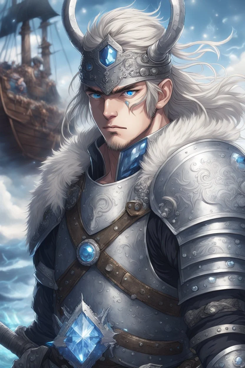 1man warrior in anime style, with blue eyes wearing silver Vikings armor with a blue crystal on his chest with a battle axe on the pirate ship, anime, anime style