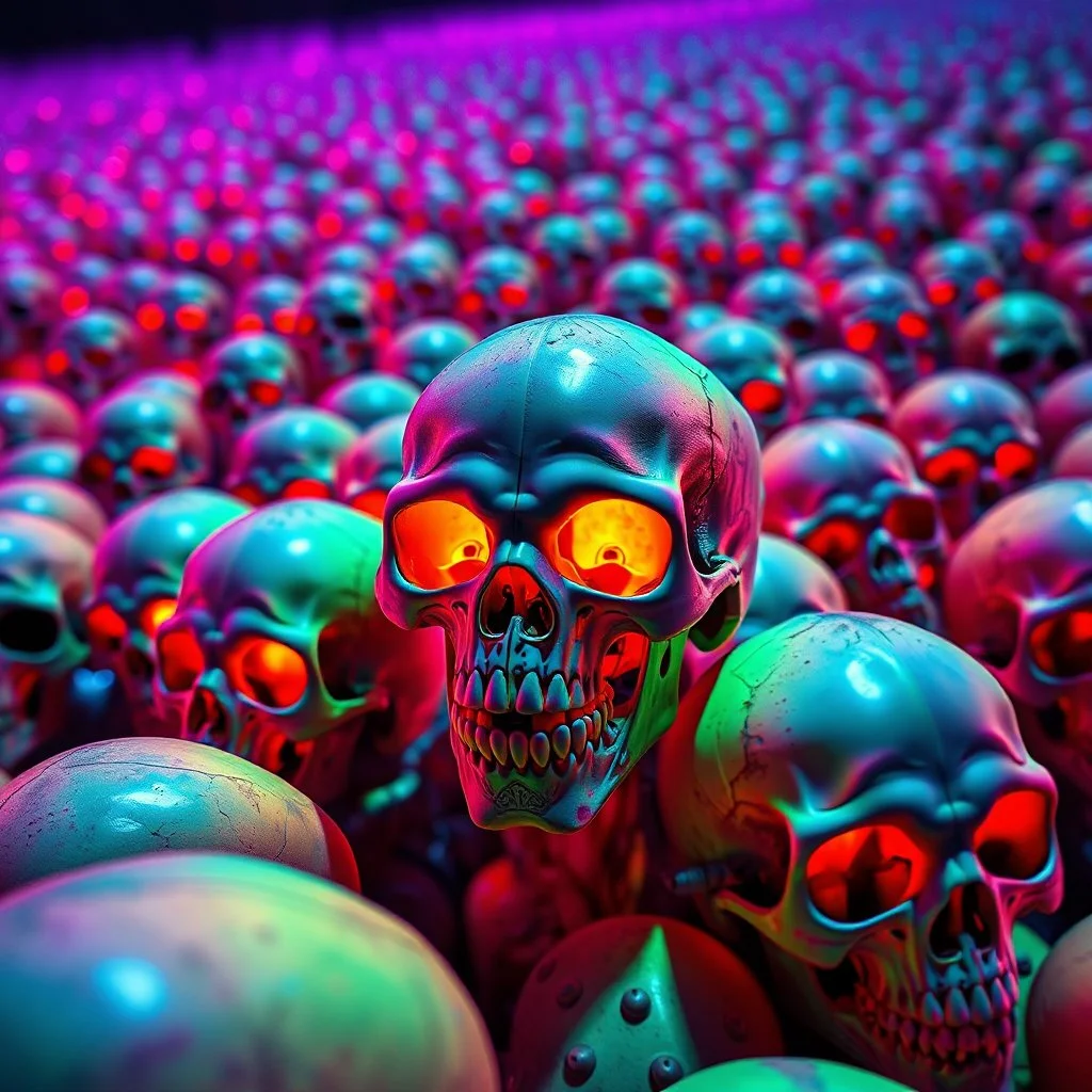 a field of 1000s of psychedelic psilocybin induced anatomically correct, skulls, vivid RANDOM BRIGHT neon colors, dark comedy, well lit, high detail, photorealistic, horrorcore, fun, scary, none featured, each a different color or hue, close to anatomically correctA MECHANICAL NON HUMAN SKULL AND DARK SLIMEY AND GIVING BIRTH SHARKS TEETH with a touch of H.R. Giger's biomechanical aesthetic. Hyperdetailed and rendered in 8k resolution, a true masterpiece. hyperdetailed intricately