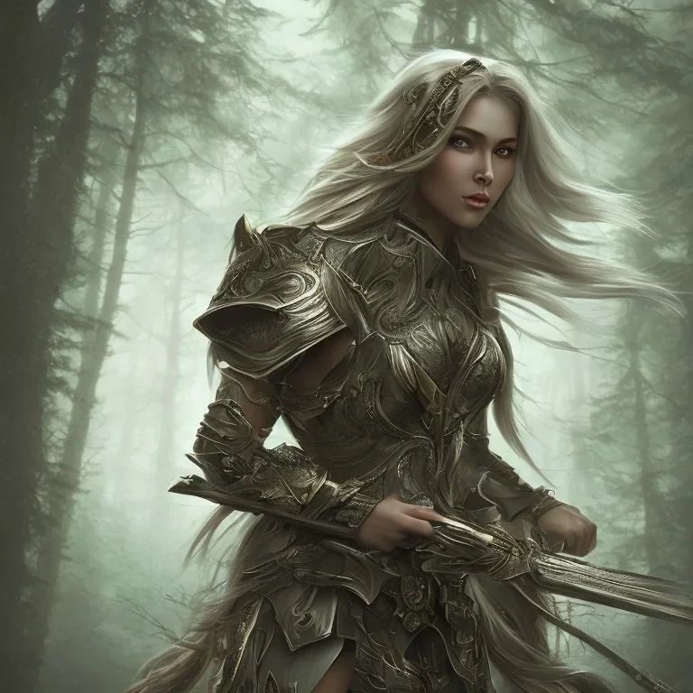 femme oiseau guerrière sourire heroic fantasy dans une forêt de sapins brouillard